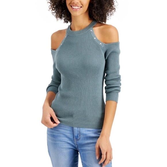 HOOKED UP BY IOT Juniors' Stud-Embellished Cold Shoulder Sweater Hunter Green XS - Picture 1 of 5